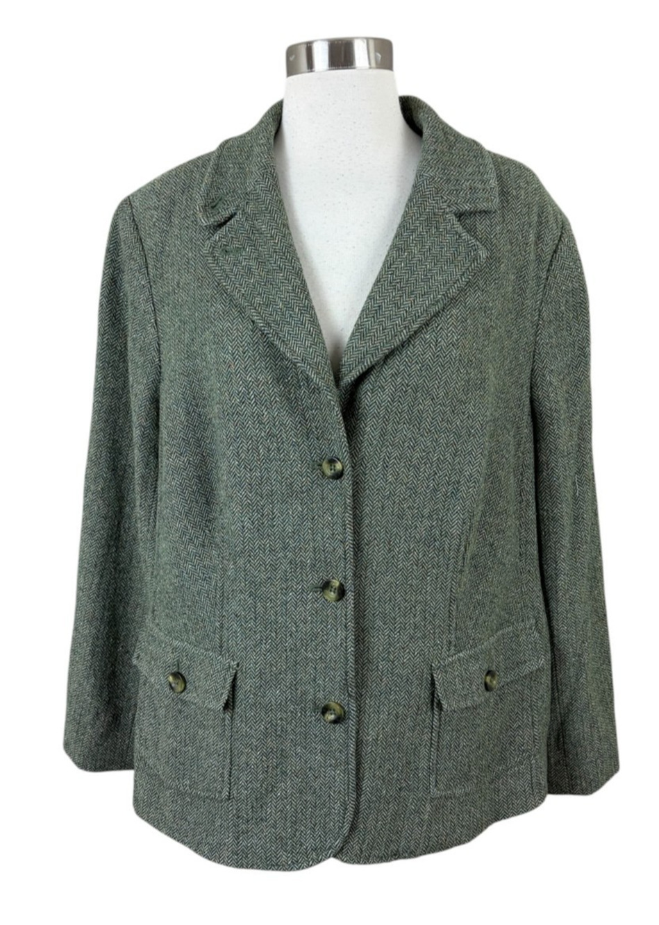 L.L.Bean 1X Green Herringbone Tweed Wool Silk Jacket Blazer English Country